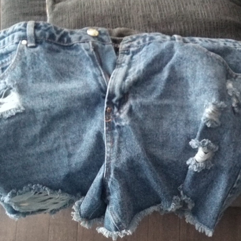 High Waist Blue Denim Distressed Shorts